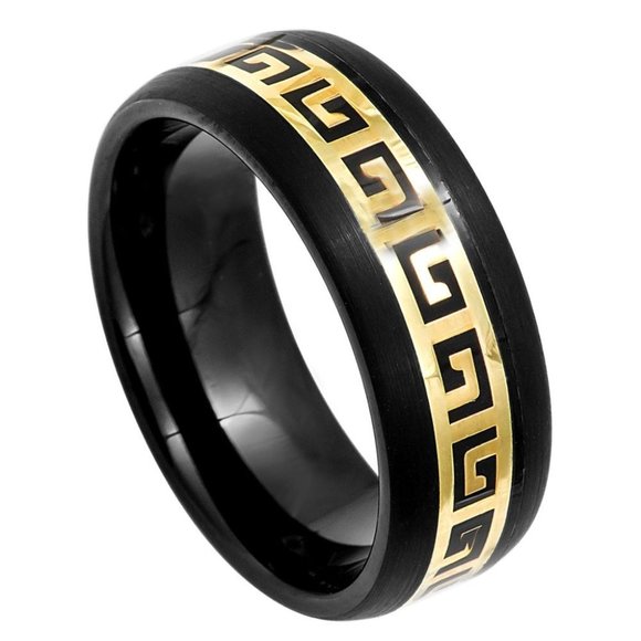 8mm Men Women Tungsten Ring Black Yellow IP plated Dome Greek Key Inlay - Picture 1 of 8